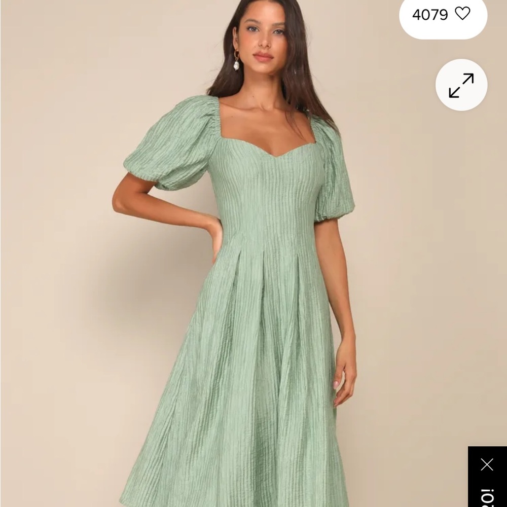 Lulu's Sage Green Heavenly Energy Textured Puff Sleeve pleated Midi Dress